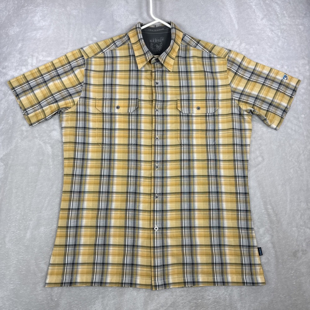 Kuhl Eluxur Shirt Mens Large Yellow Gray Plaid Western Short Sleeve Outdoors